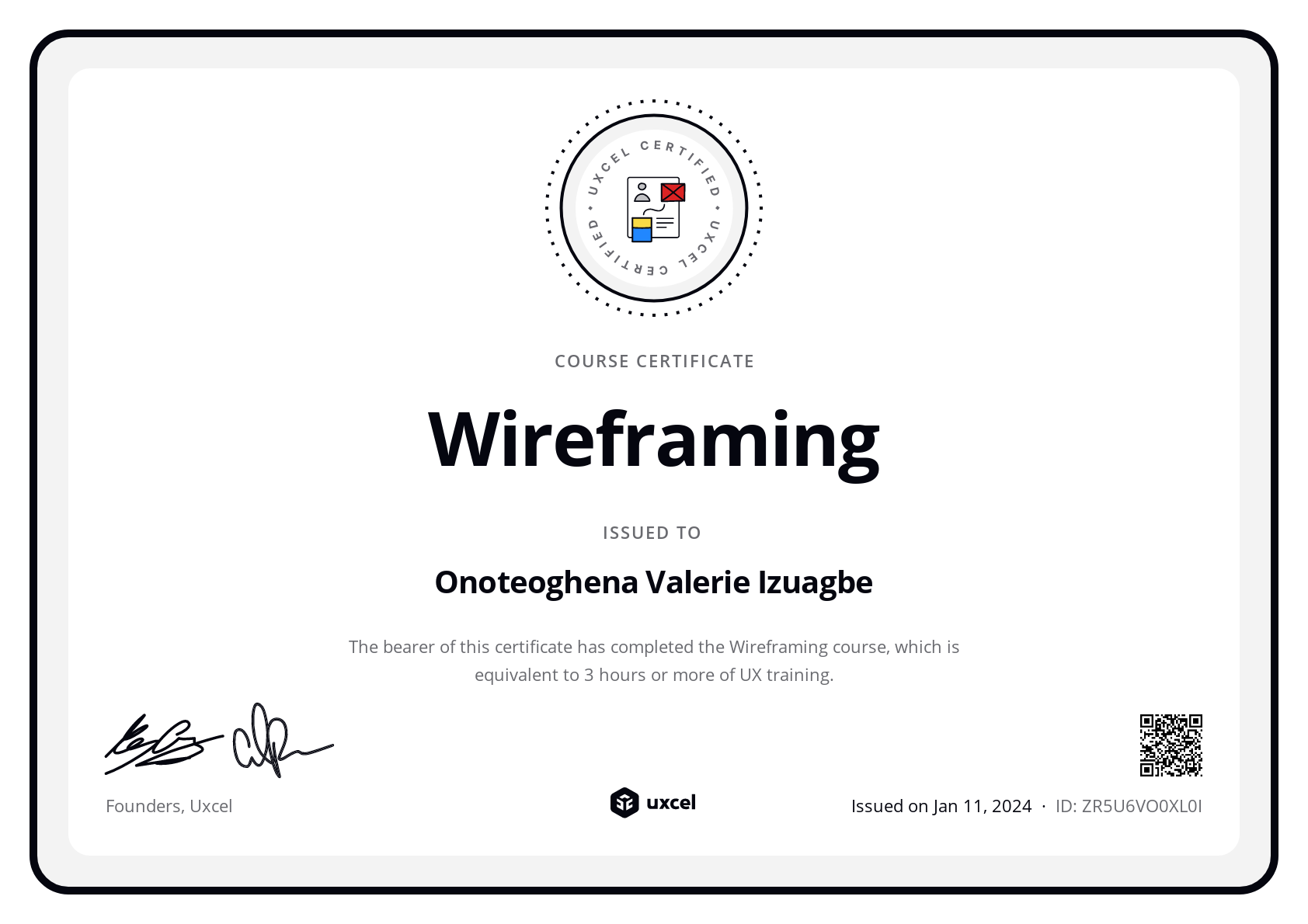Onoteoghena Valerie Izuagbe's certificate